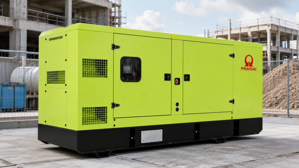 Groupe électrogène PRAMAC installé sur chantier pour assurer une alimentation électrique fiable et autonome.